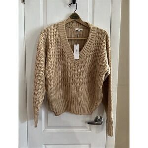 LBLC The Label Katja Sweater Pullover Oversized Chunky Knit Tan V Neck XS NWT